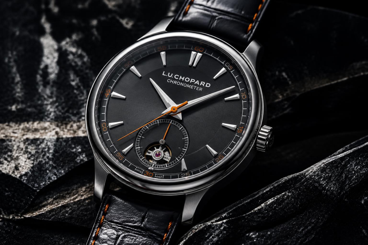 A Swiss mechanical watch with an orange second hand resting on dark stone
